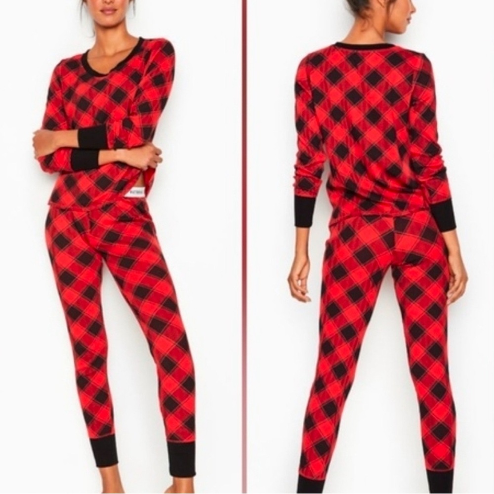 Victoria's Secret Red and Black Buffalo Plaid Print Thermal Pajama 2 Piece Set